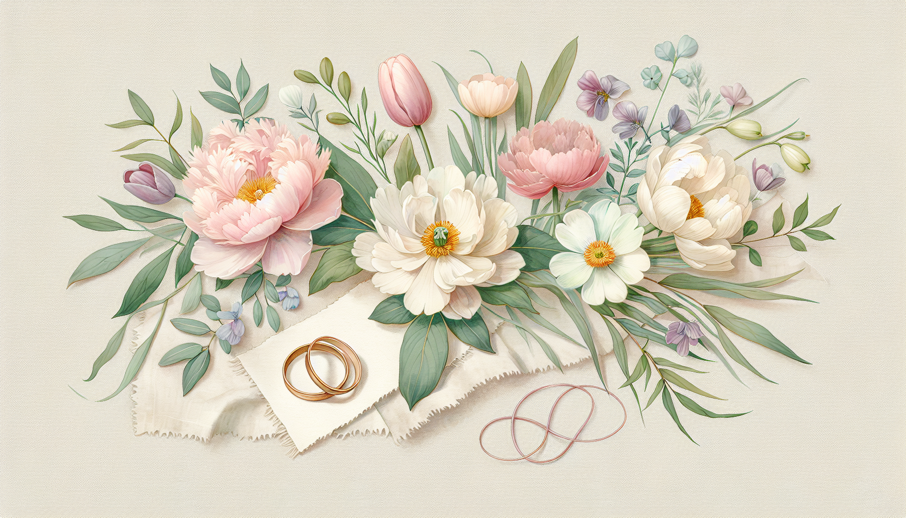 a flat lay of peonies, tulips, daisies, and lilies with green foliage and wedding rings on a…
