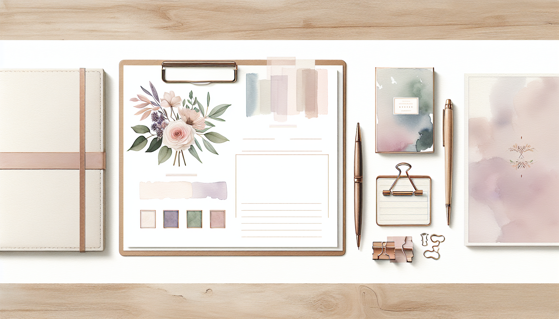 a flat lay of wedding documents, a pen, and a planner on a wooden table