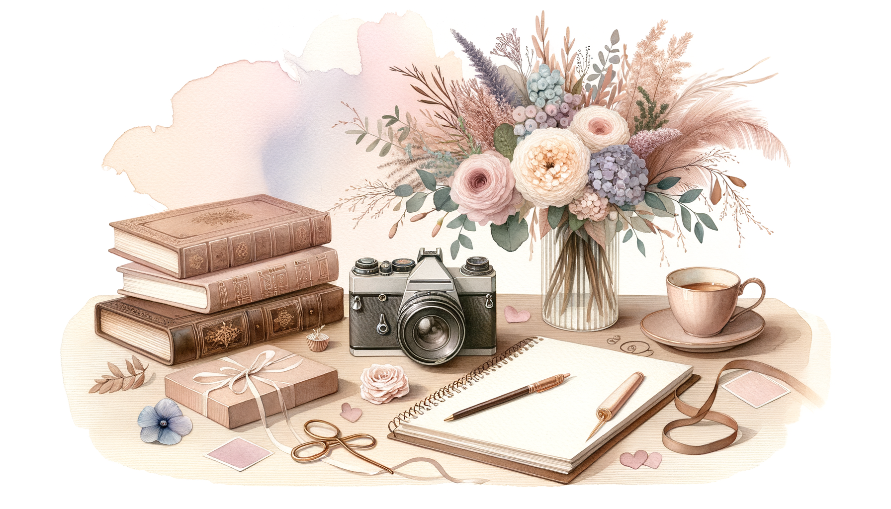 A vintage camera on a wooden table surrounded by wedding albums, a bouquet of flowers, and a…