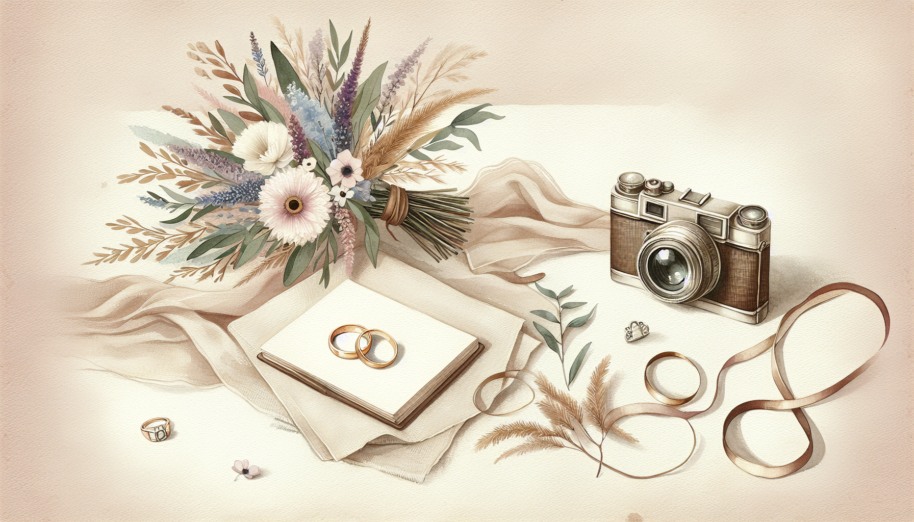 a flat lay of wedding rings, a bouquet of wildflowers, and a vintage camera on a textured tablecloth
