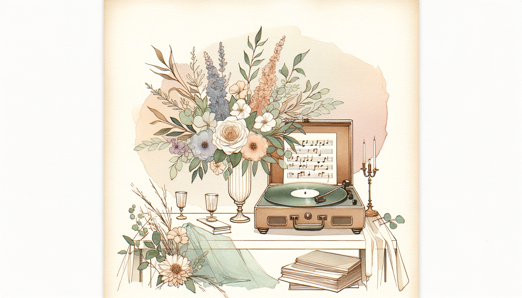 A decorated wedding venue with a vintage record player, sheet music scattered on a table, and…
