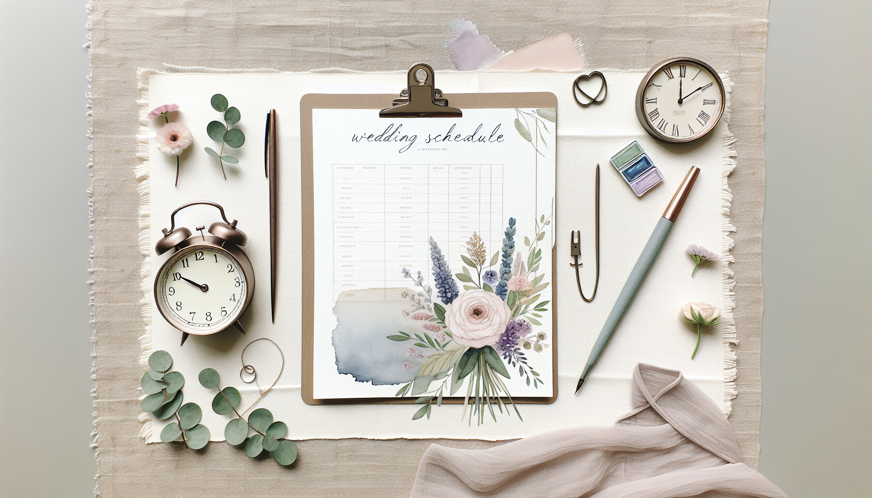 a flat lay of a wedding schedule planner, a clock, a bouquet, and a calligraphy pen on a linen cloth