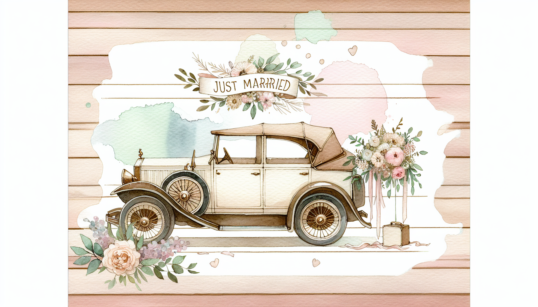 a vintage wedding car decorated with flowers, a wedding bouquet on the seat, and a sign that…