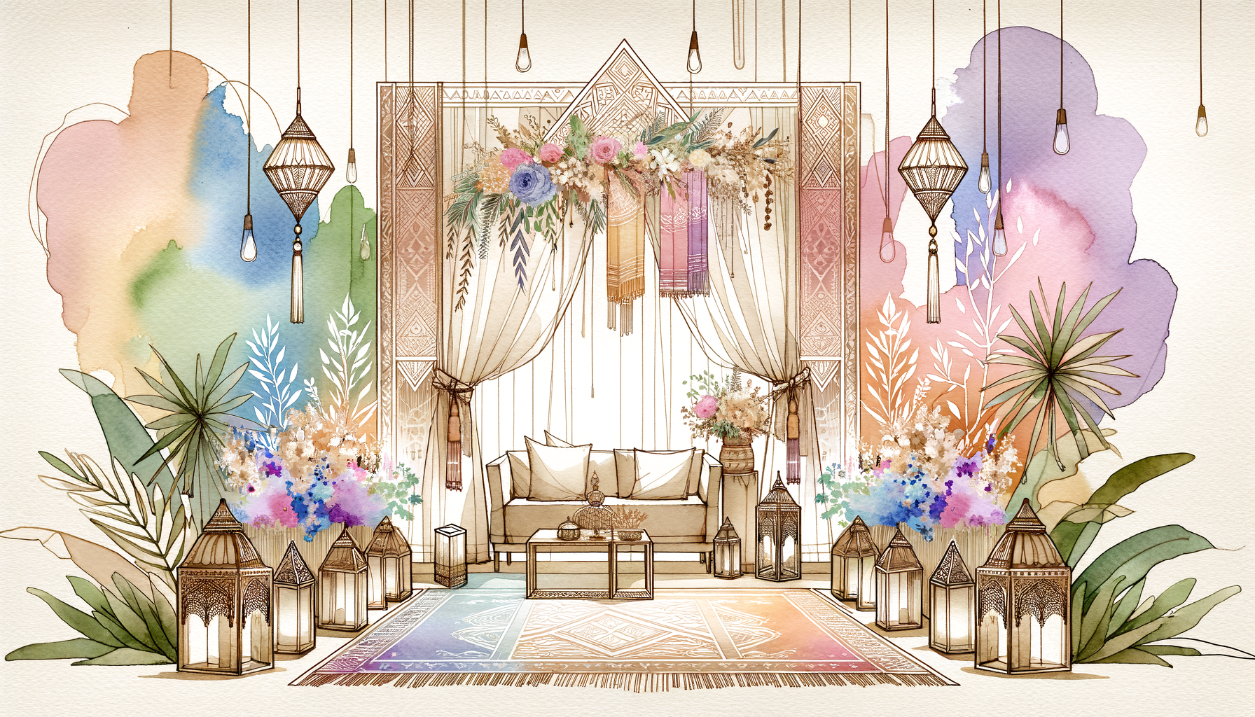 A beautifully set outdoor altar adorned with traditional fabrics, cultural symbols, and floral…