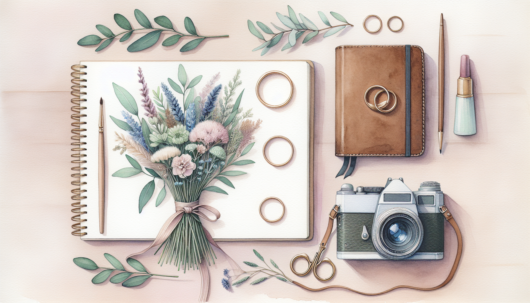 a flat lay of wedding rings, a vintage camera, a bouquet of wildflowers, and a leather-bound…