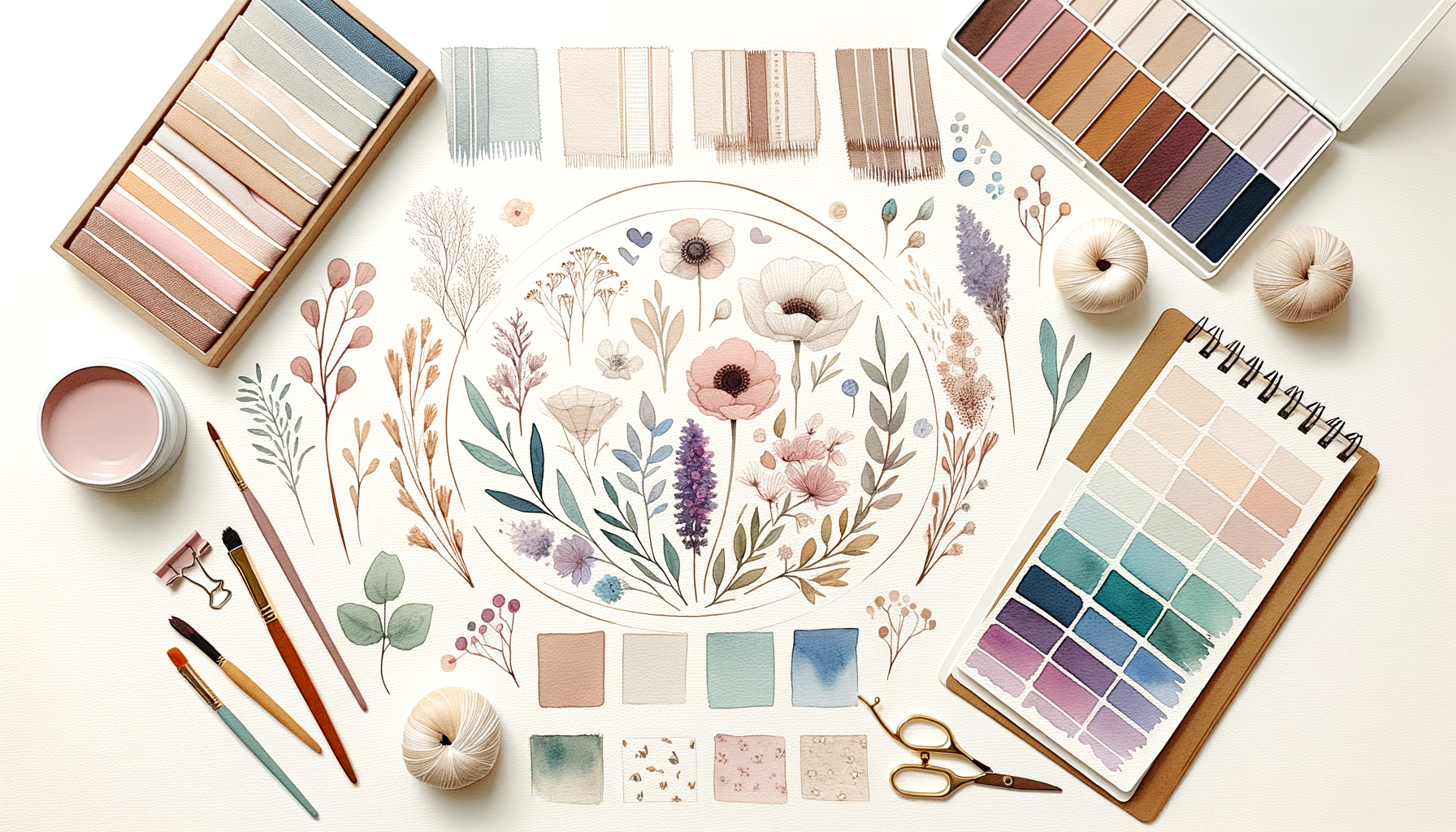 A minimalist watercolor illustration representing a wedding mood board with fabric swatches,…