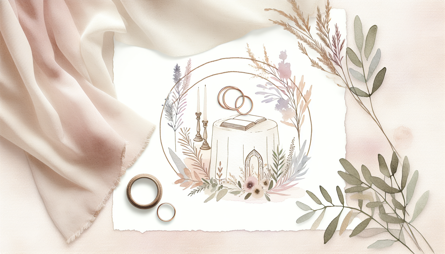 an arrangement of wedding rings, a small decorative altar, and a bouquet of wildflowers on a…