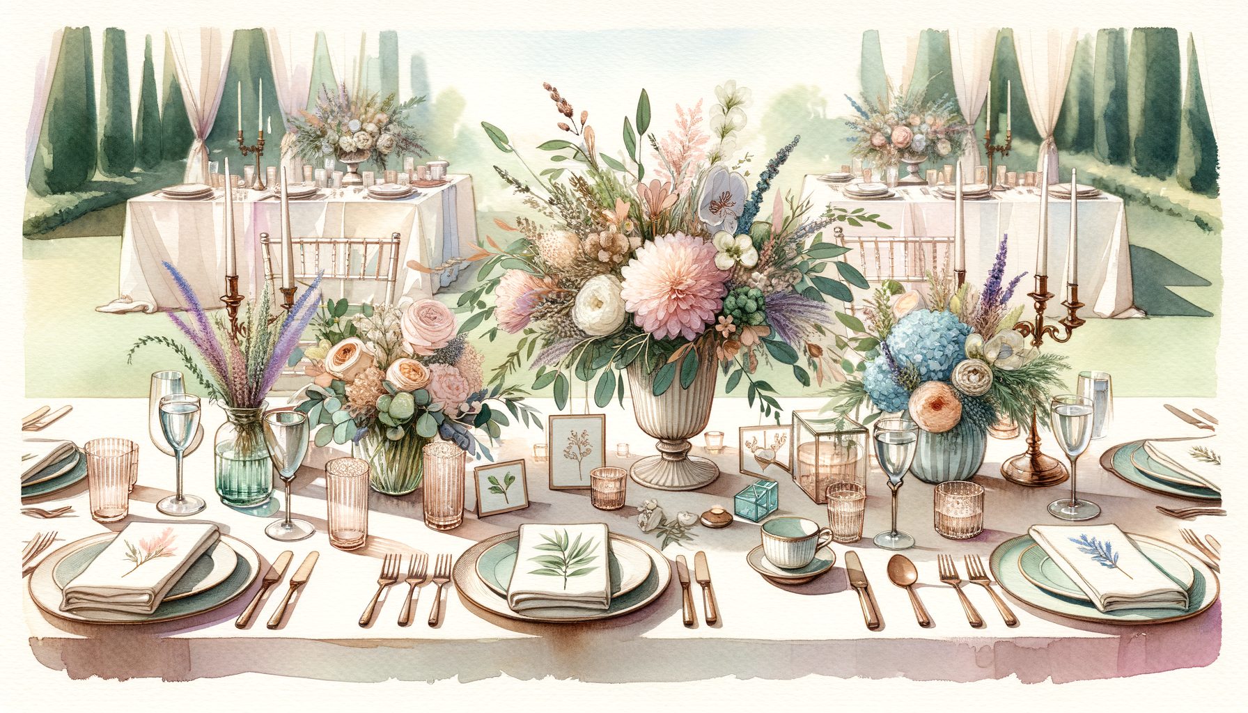 A beautifully arranged table with unique centerpieces, personalized place cards, and various…
