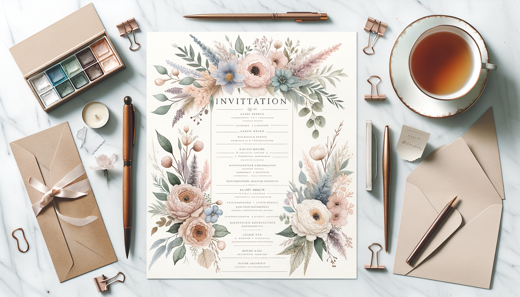 A beautifully arranged wedding invitation list on a wooden table, surrounded by a floral…