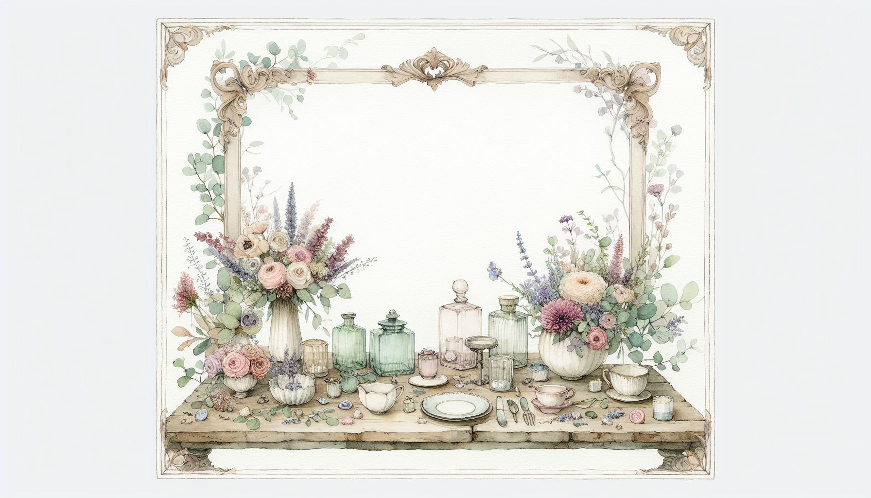 a whimsical setup of floral arrangements, vintage props, and a large decorative frame on a…