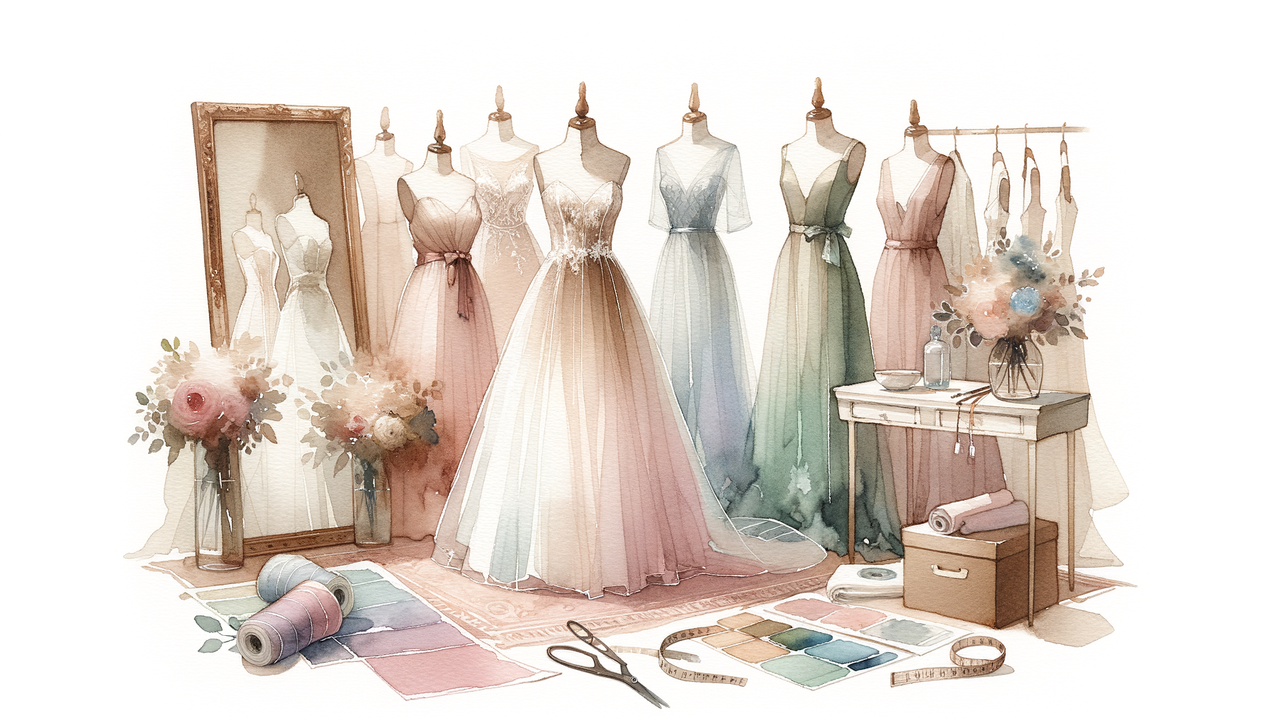 A variety of wedding dresses displayed on mannequins, surrounded by fabric swatches, measuring…