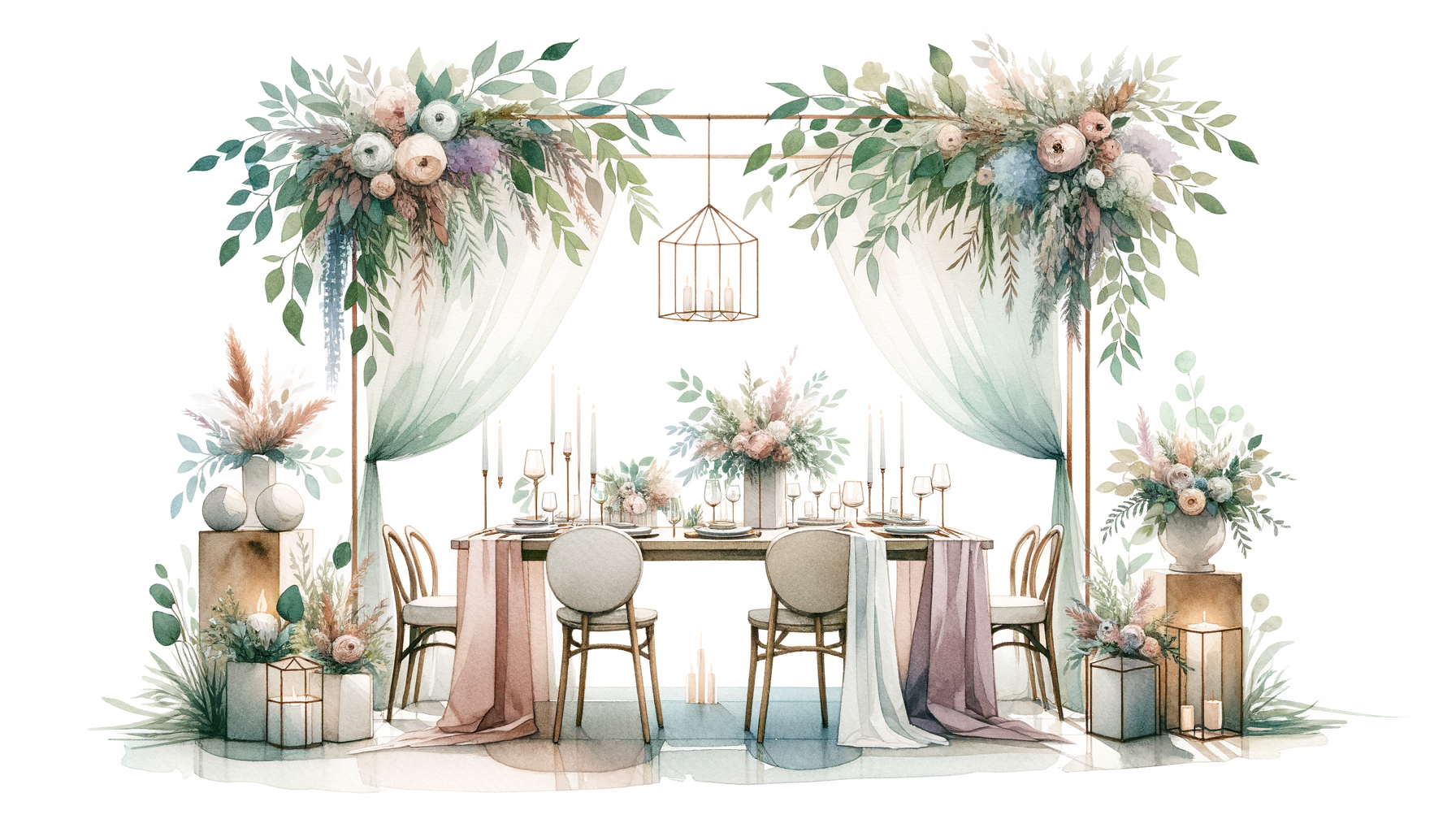 Elegant tables set with minimalistic centerpieces, geometric vases, soft drapes, and ambient…