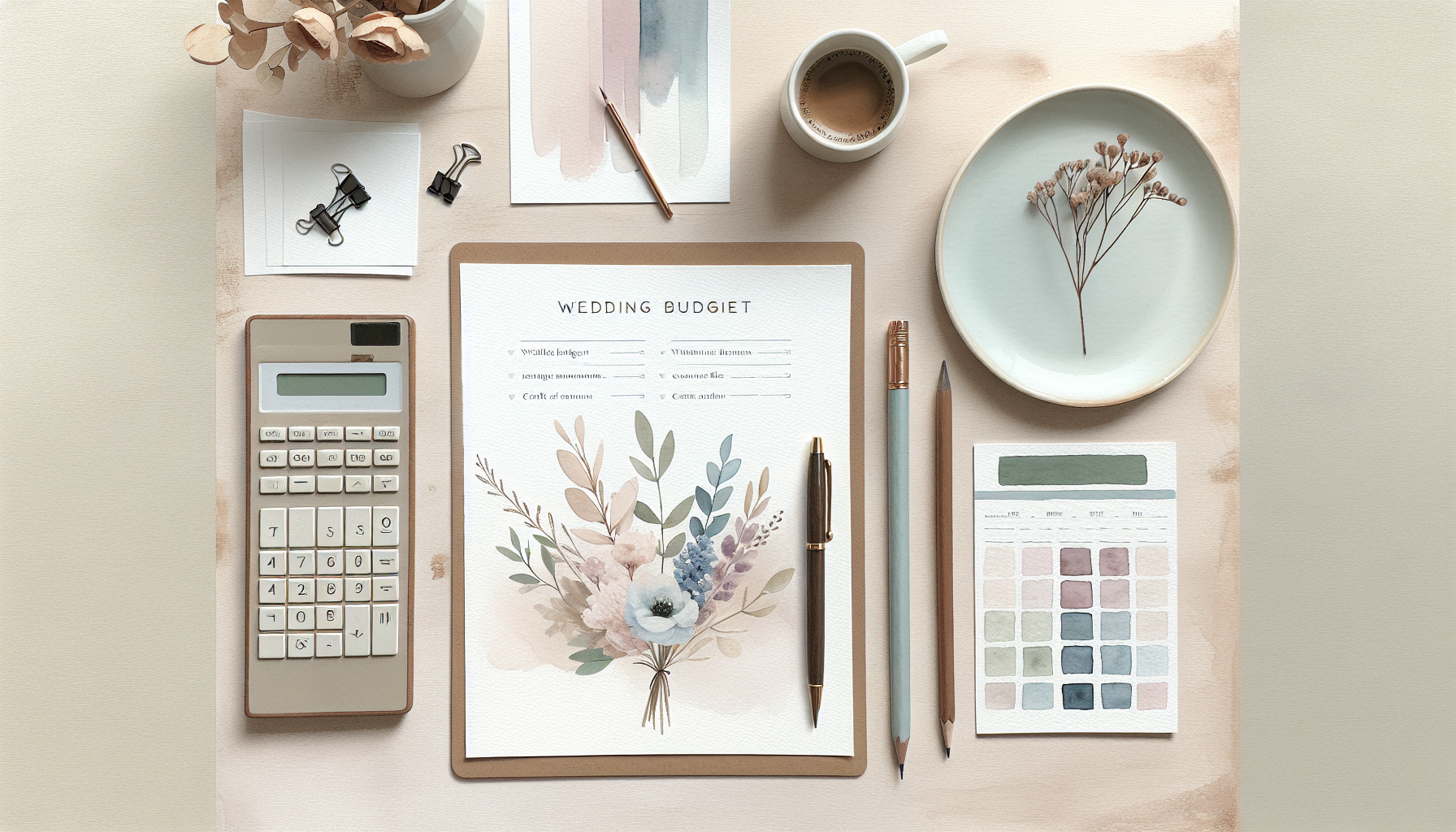 a flat lay of wedding budget worksheets, a calculator, a cup of coffee, and dried flowers on a…