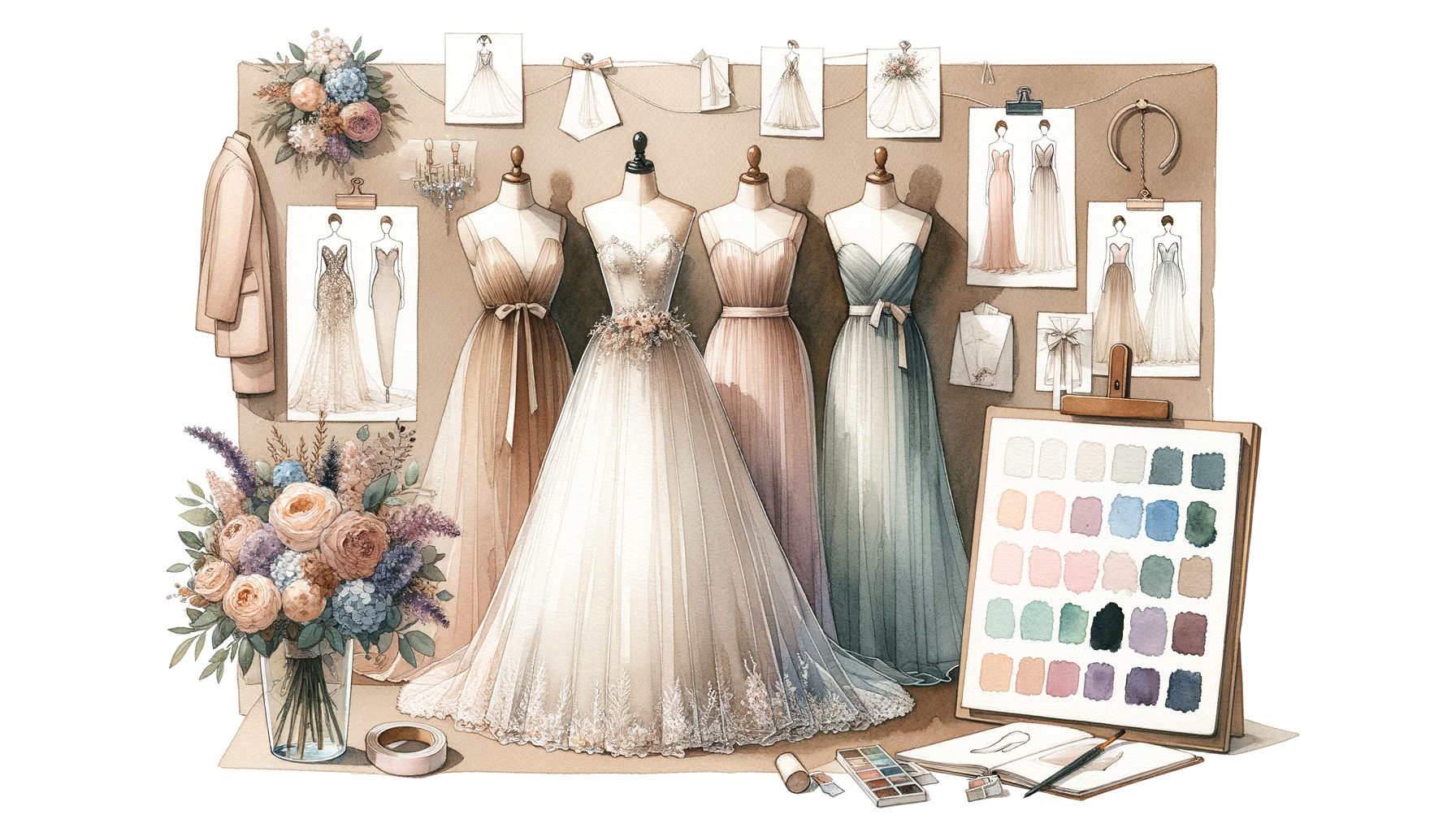 A display of elegant wedding dresses on mannequins, surrounded by swatches of fabric, a mood…