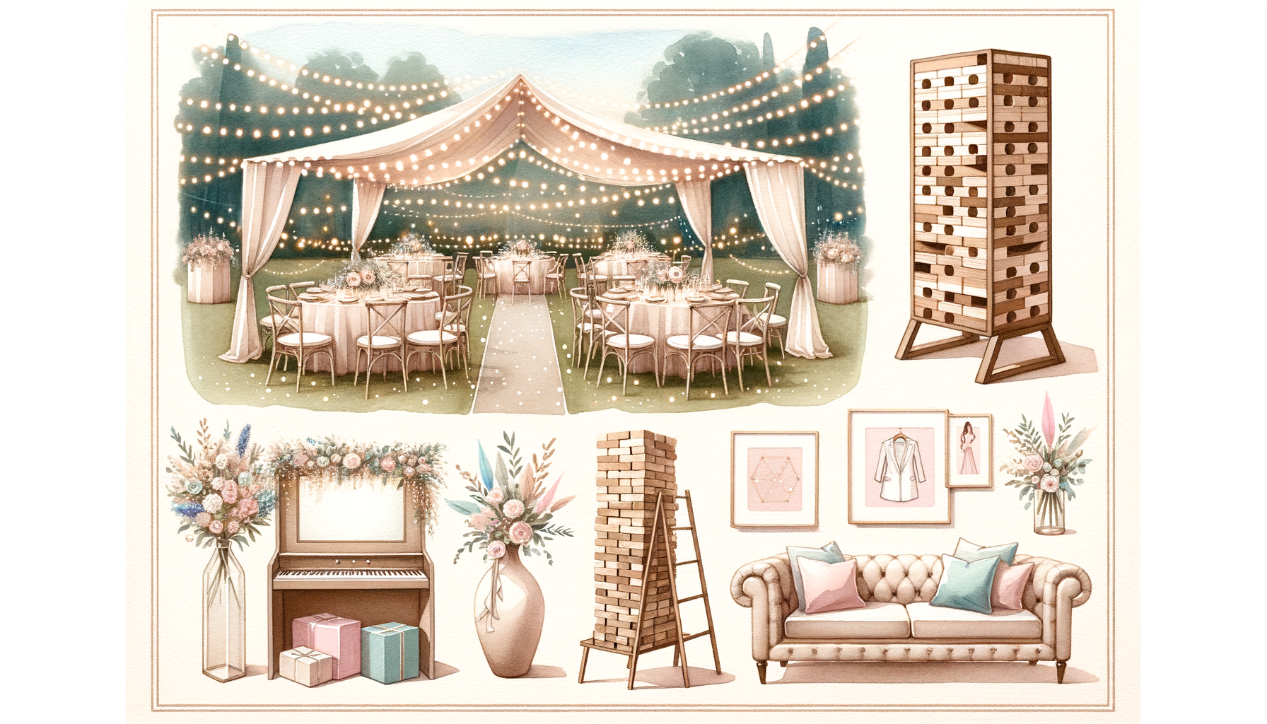 A beautifully decorated outdoor wedding reception with games like giant Jenga, a photo booth…