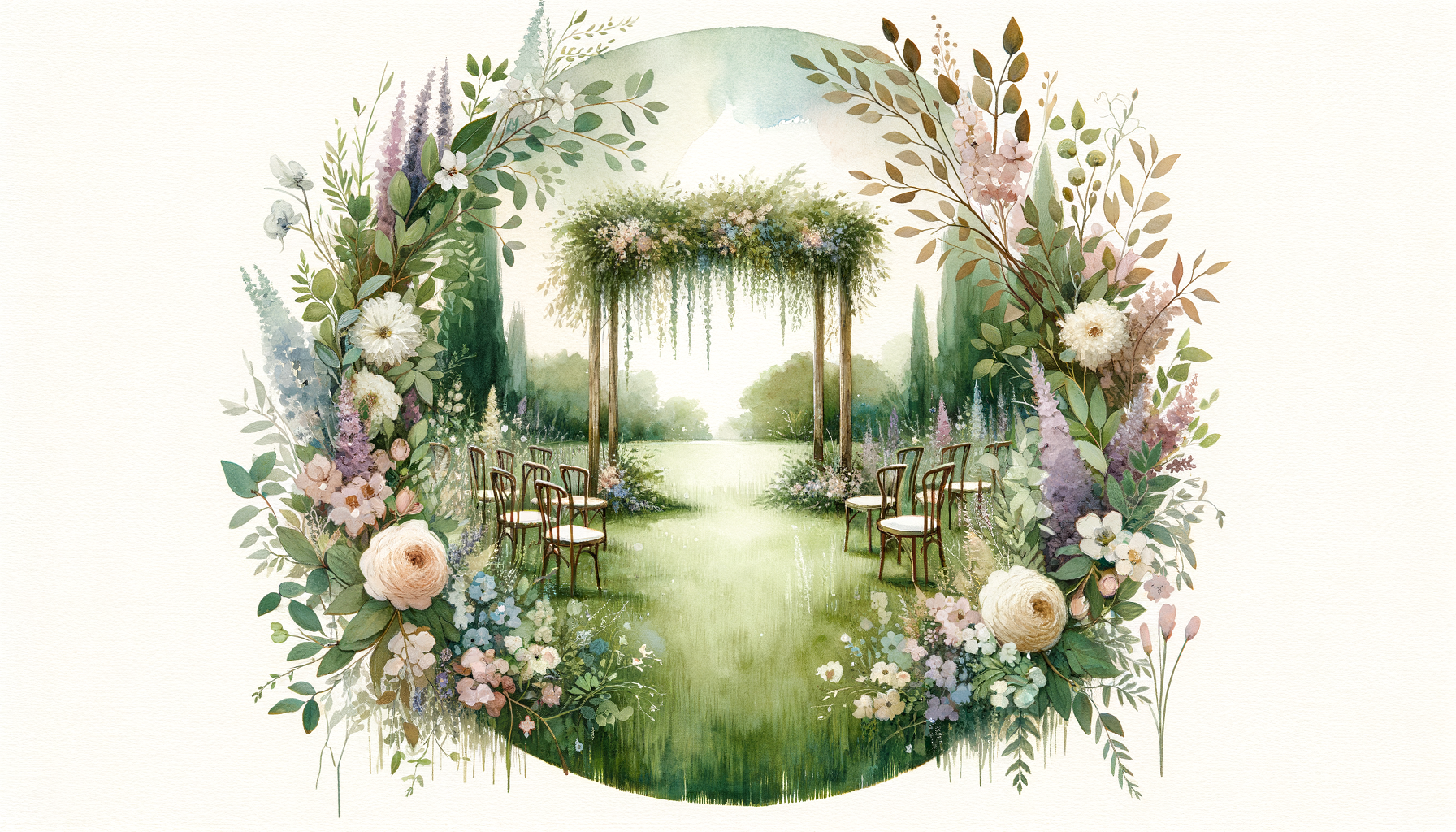 A lush garden with blooming flowers, a rustic wooden arch adorned with greenery, and a soft…