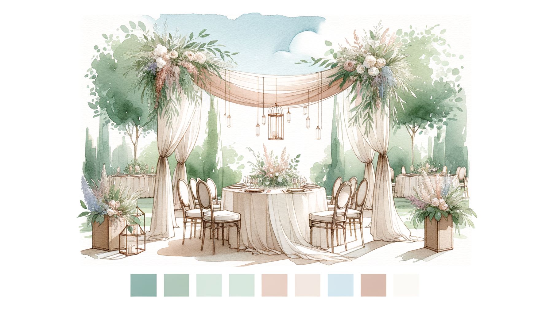 An elegant outdoor wedding venue with lush greenery, a beautifully set table, soft draping, and…