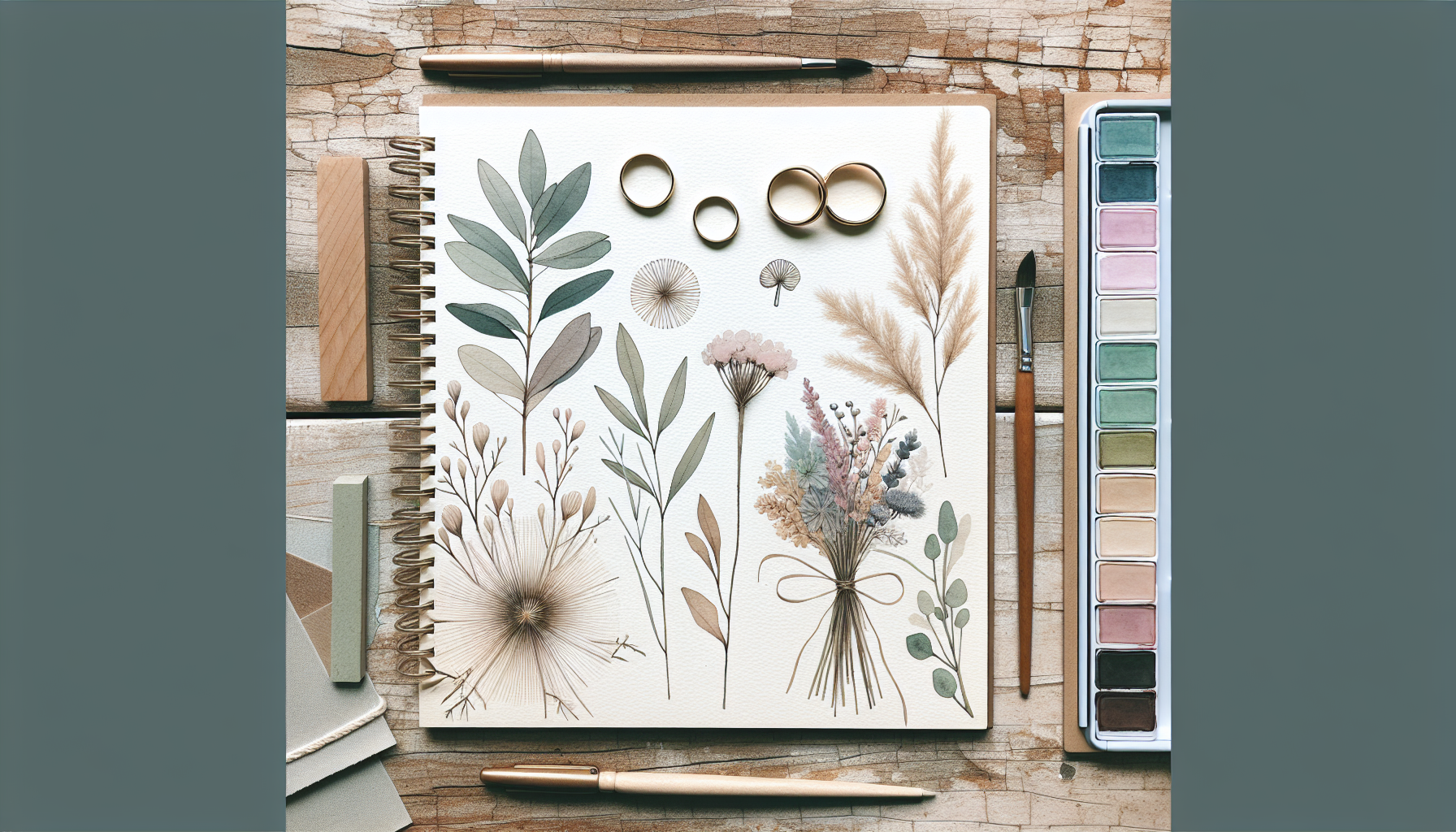 a flat lay of wedding rings, a bouquet of dried flowers, and a wedding planner notebook on a…