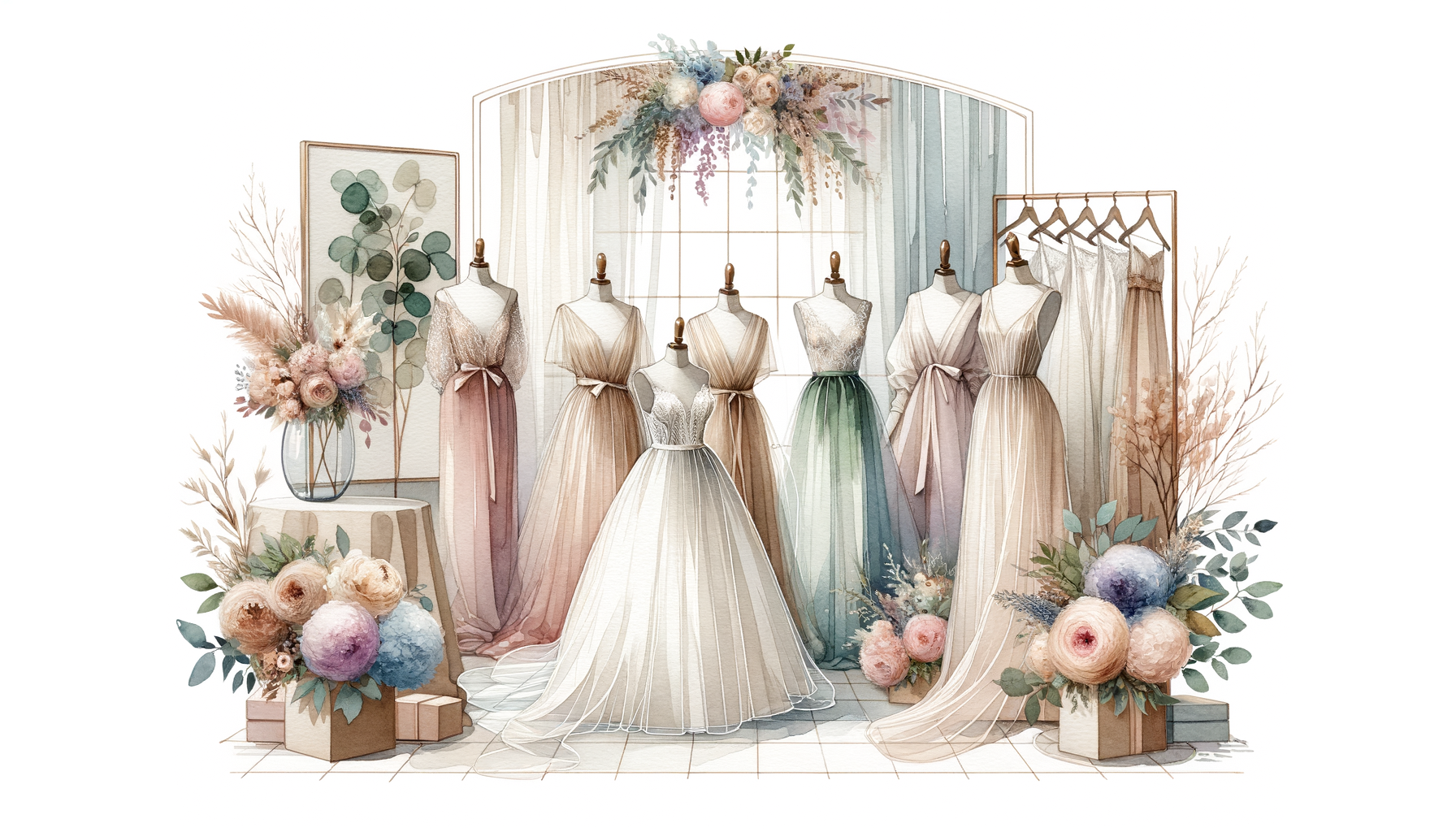 A display of elegant wedding dresses on mannequins, surrounded by floral arrangements and soft…