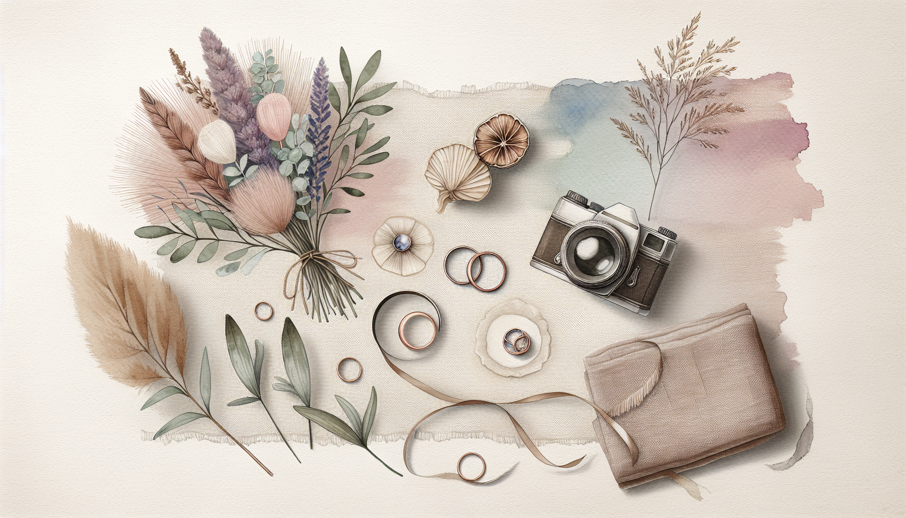 a flat lay of wedding rings, dried flowers, and a vintage camera on a textured linen cloth