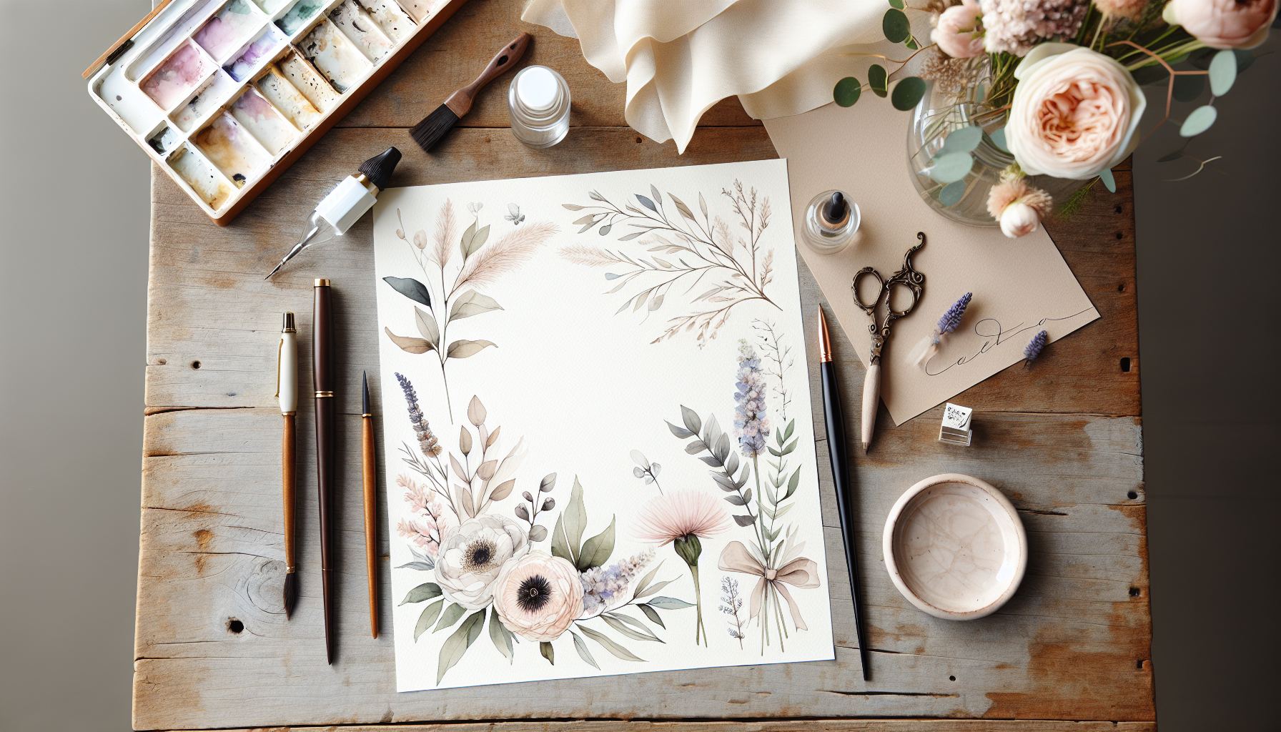 a flat lay of seasonal wedding flowers, greenery, and a calligraphy pen on a rustic wooden table