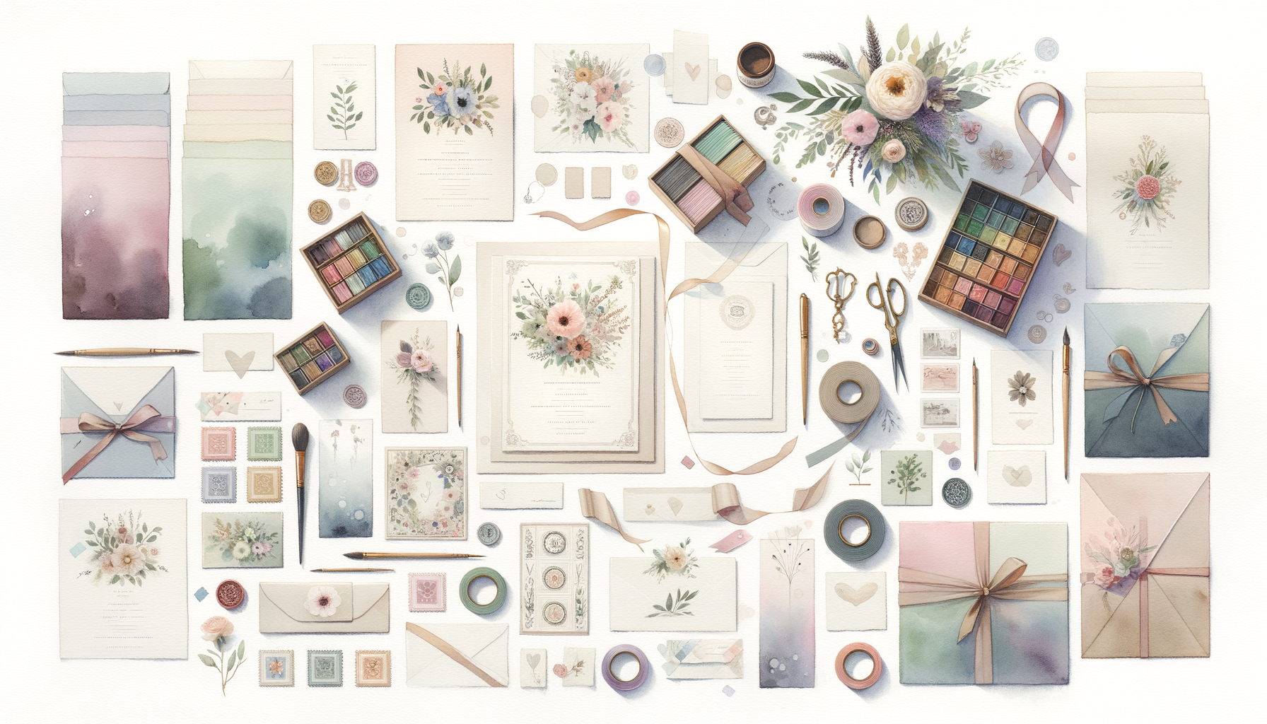 A table scattered with various invitation designs, colorful paper, stamps, ribbons, and floral…