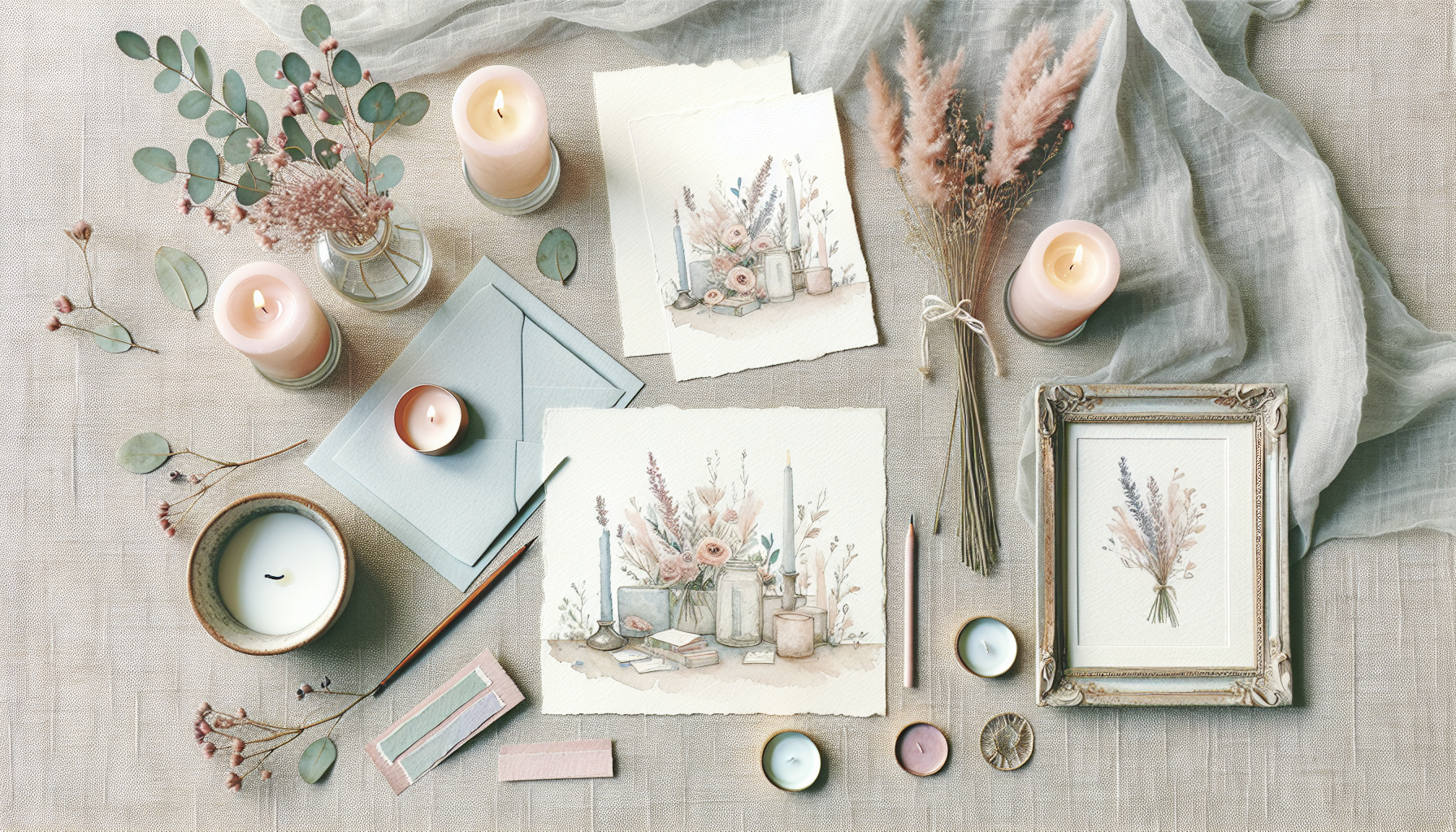a flat lay of wedding invitations, dried flowers, vintage frames and candles on a textured linen…