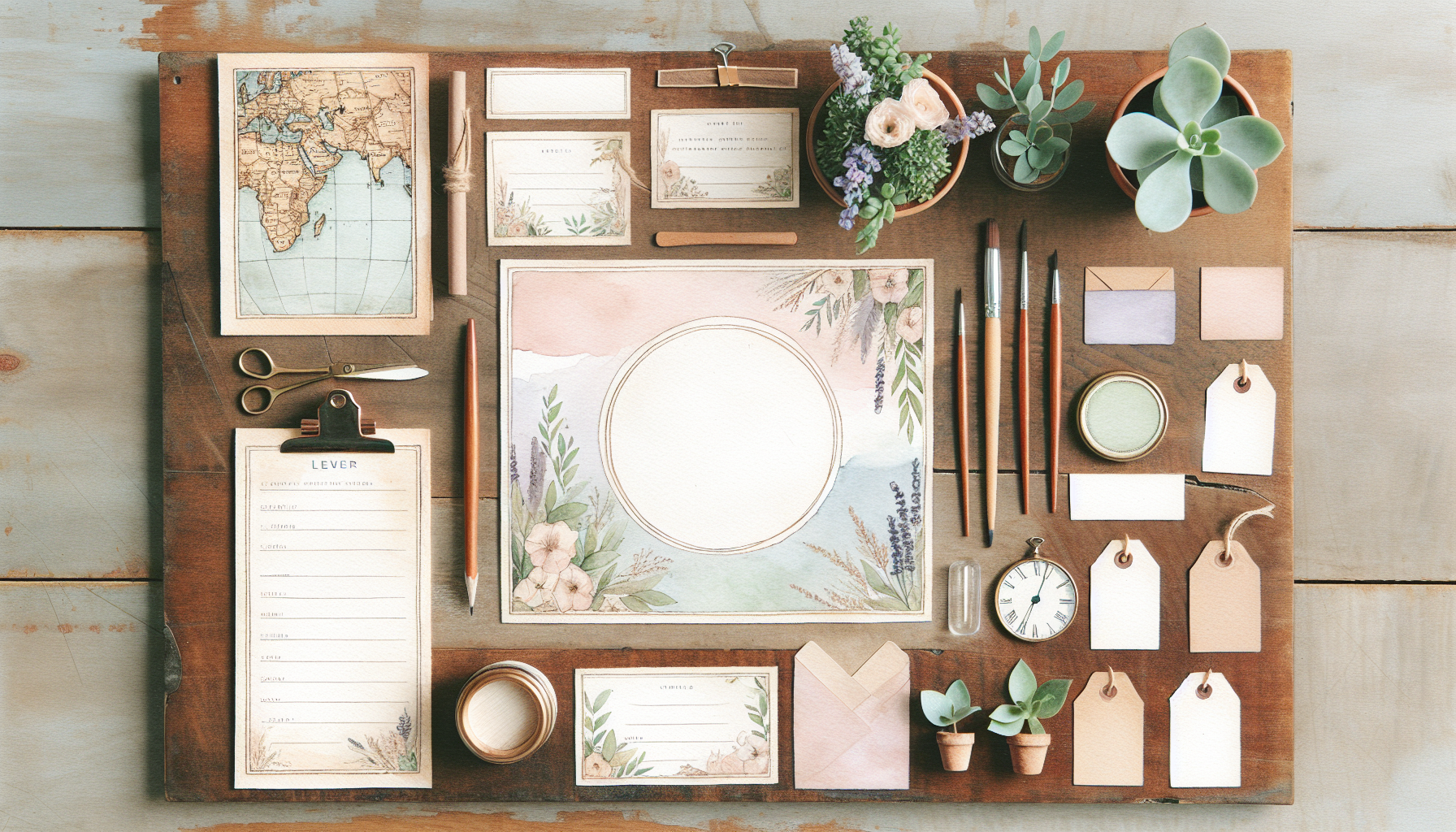 a flat lay of vintage maps, small potted plants, and handwritten name tags on a rustic wooden table
