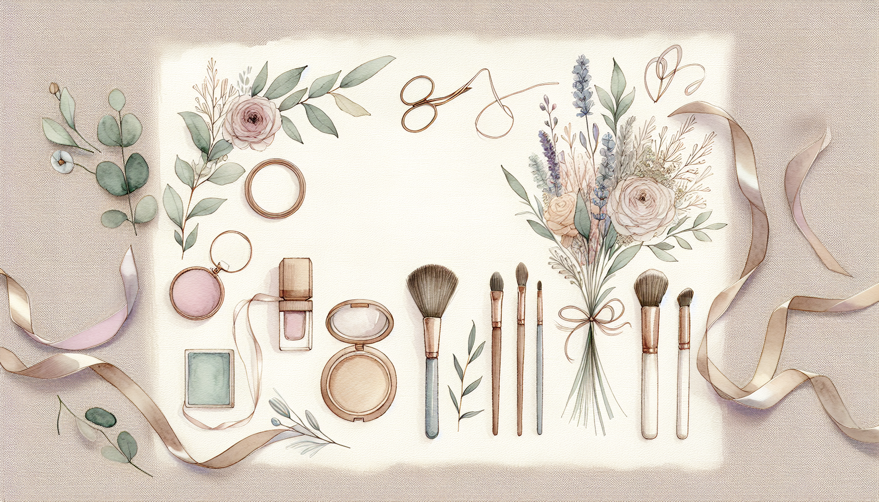 a flat lay of makeup brushes, wedding hair accessories, and a bridal bouquet on a soft linen…