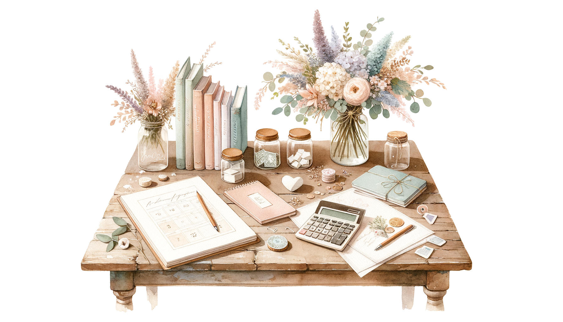 A rustic wooden table with a calculator, notepad, and wedding magazines, surrounded by floral…