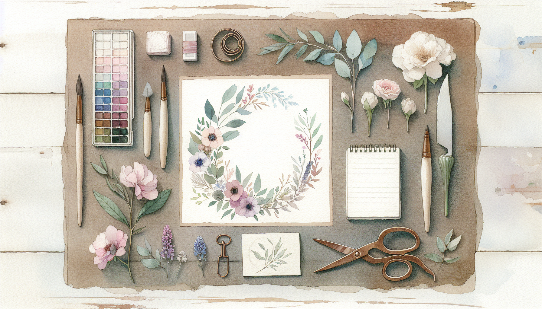 a flat lay of seasonal wedding flowers, a pair of scissors, and a notepad on a rustic wooden table