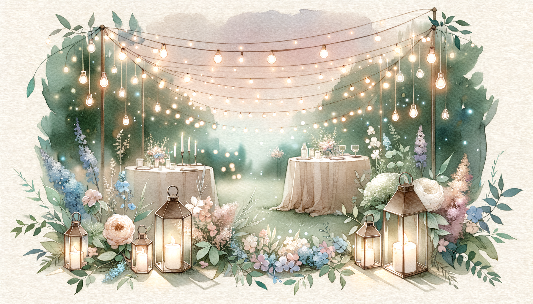 Softly glowing string lights draped across a lush garden, flickering candles on tables, and…