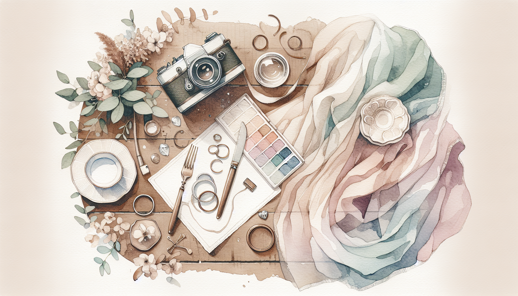 a flat lay of wedding rings, a vintage camera, and soft fabric draped over a rustic wooden table