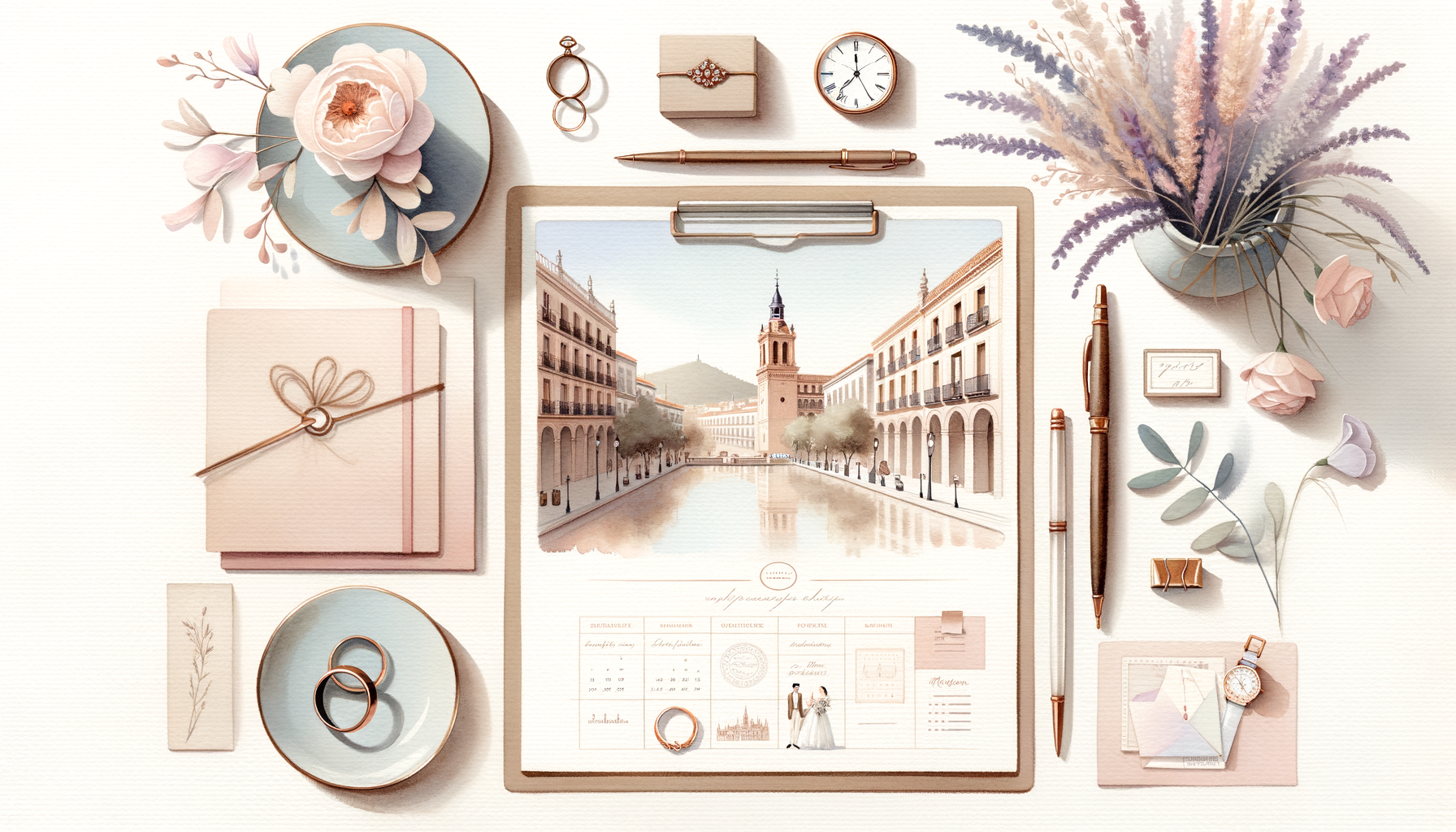 A wooden table with scattered documents, a pen, a wedding ring, and a calendar marked with…