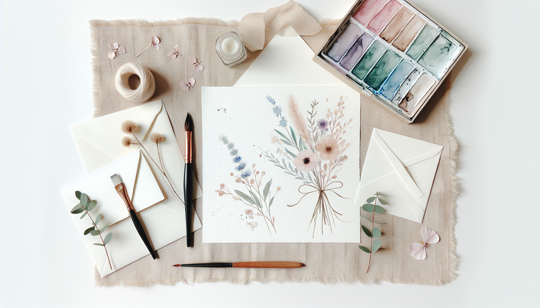 a flat lay of wedding invitations, dried flowers and a calligraphy pen on a linen cloth