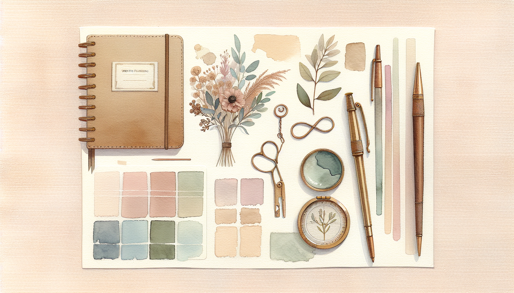 a flat lay of a wedding planning notebook, a small bouquet of dried flowers and a vintage brass pen