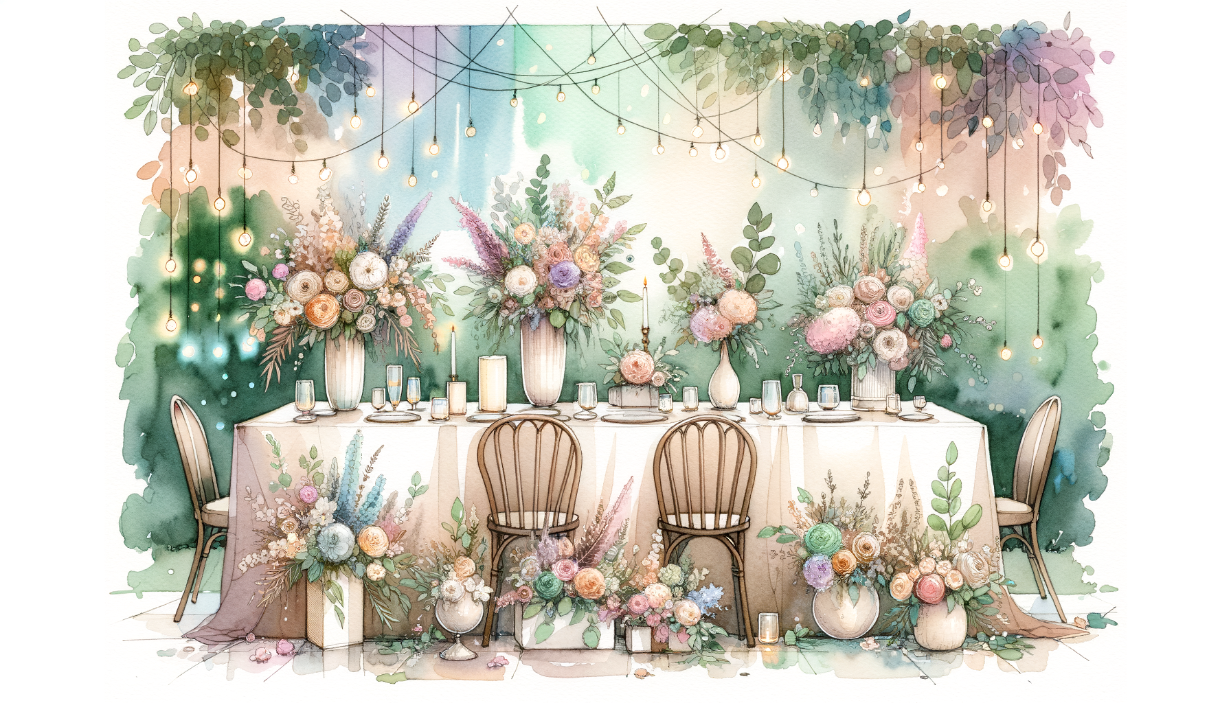 A table adorned with vibrant floral arrangements, delicate vases, and greenery, surrounded by…