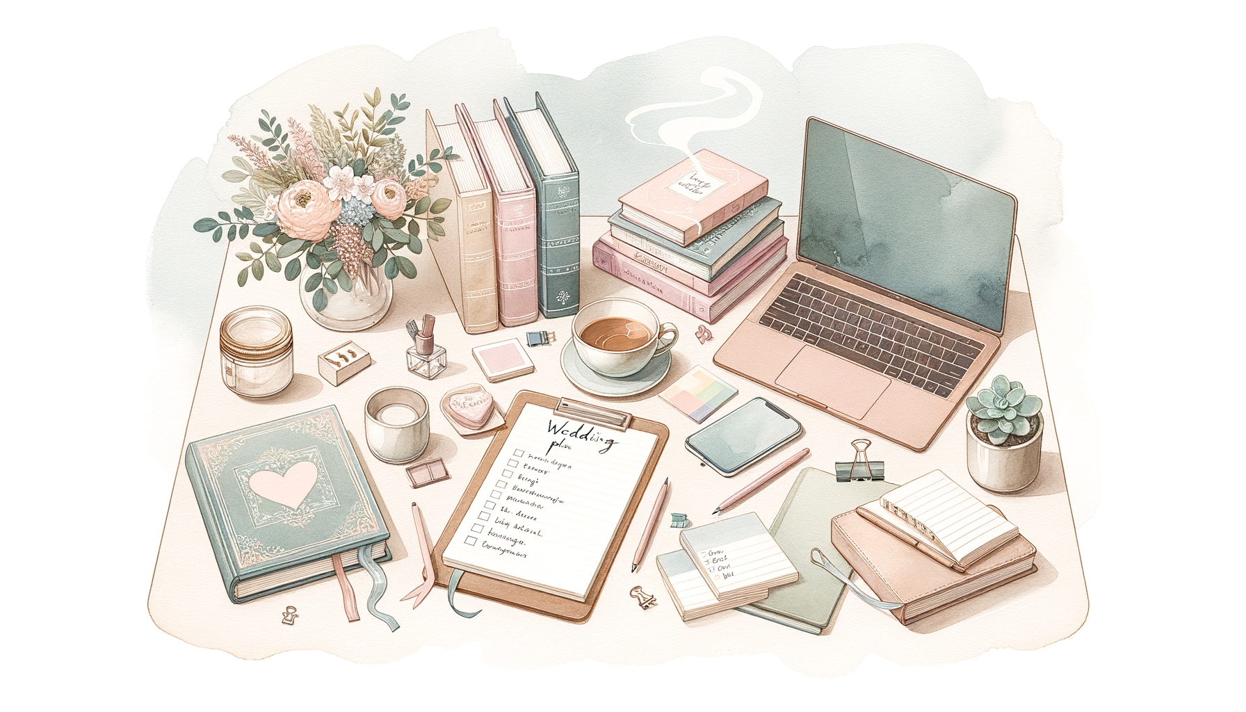 A cluttered desk with wedding planning books, a laptop, a notepad with lists, a steaming cup of…