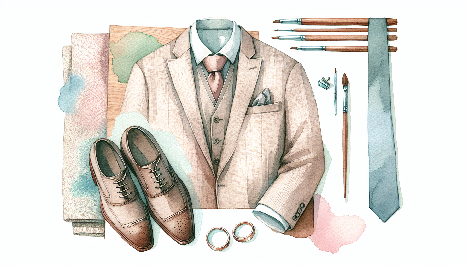 a flat lay of a linen suit jacket, a stylish tie, cufflinks, and a pair of polished shoes on a…