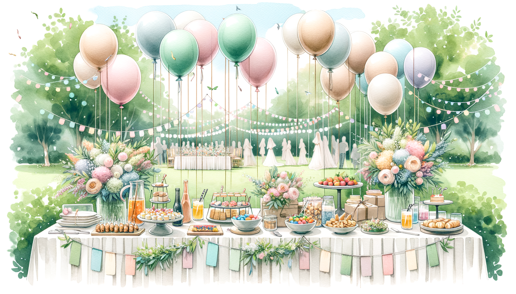 A festive outdoor setting with colorful balloons, streamers, a long table adorned with snacks,…