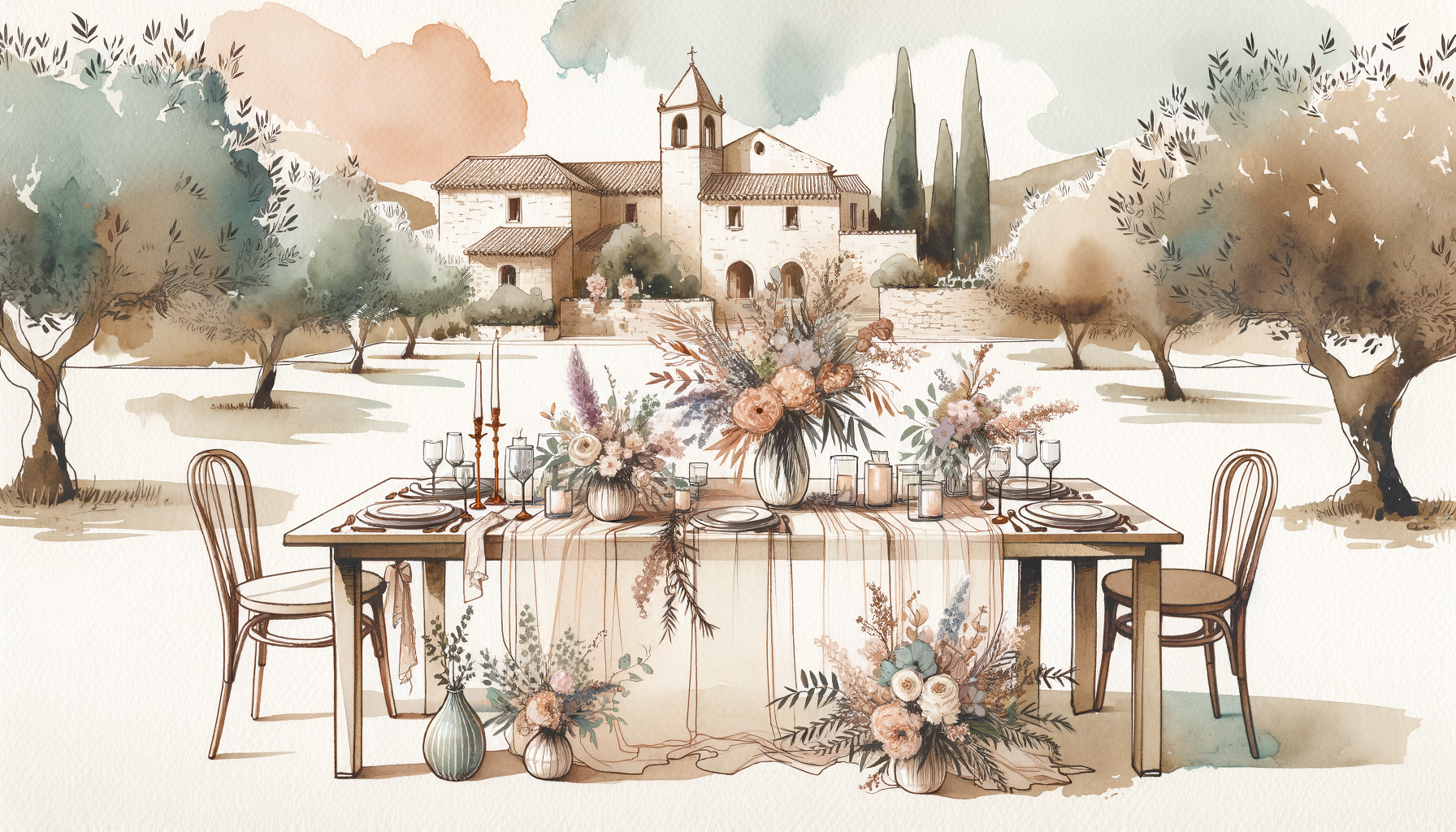 A rustic table adorned with elegant floral arrangements, candles, and unique wedding decor…