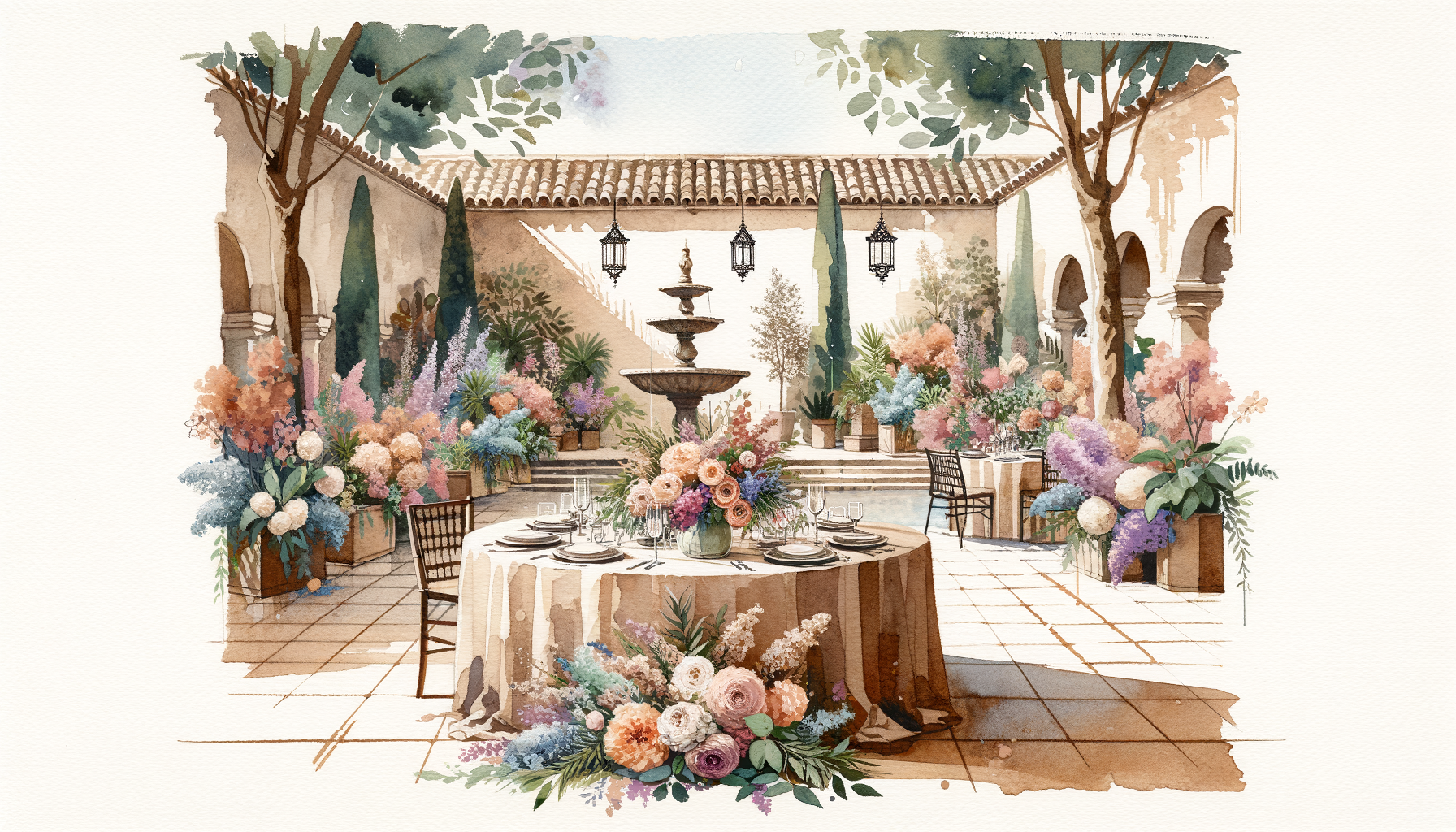 A rustic Spanish courtyard with a stone fountain, vibrant flowers, elegant table settings, and…