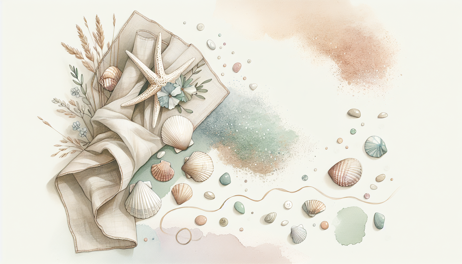 a flat lay of beach-themed wedding decorations, seashells, sand, and a linen cloth with a starfish