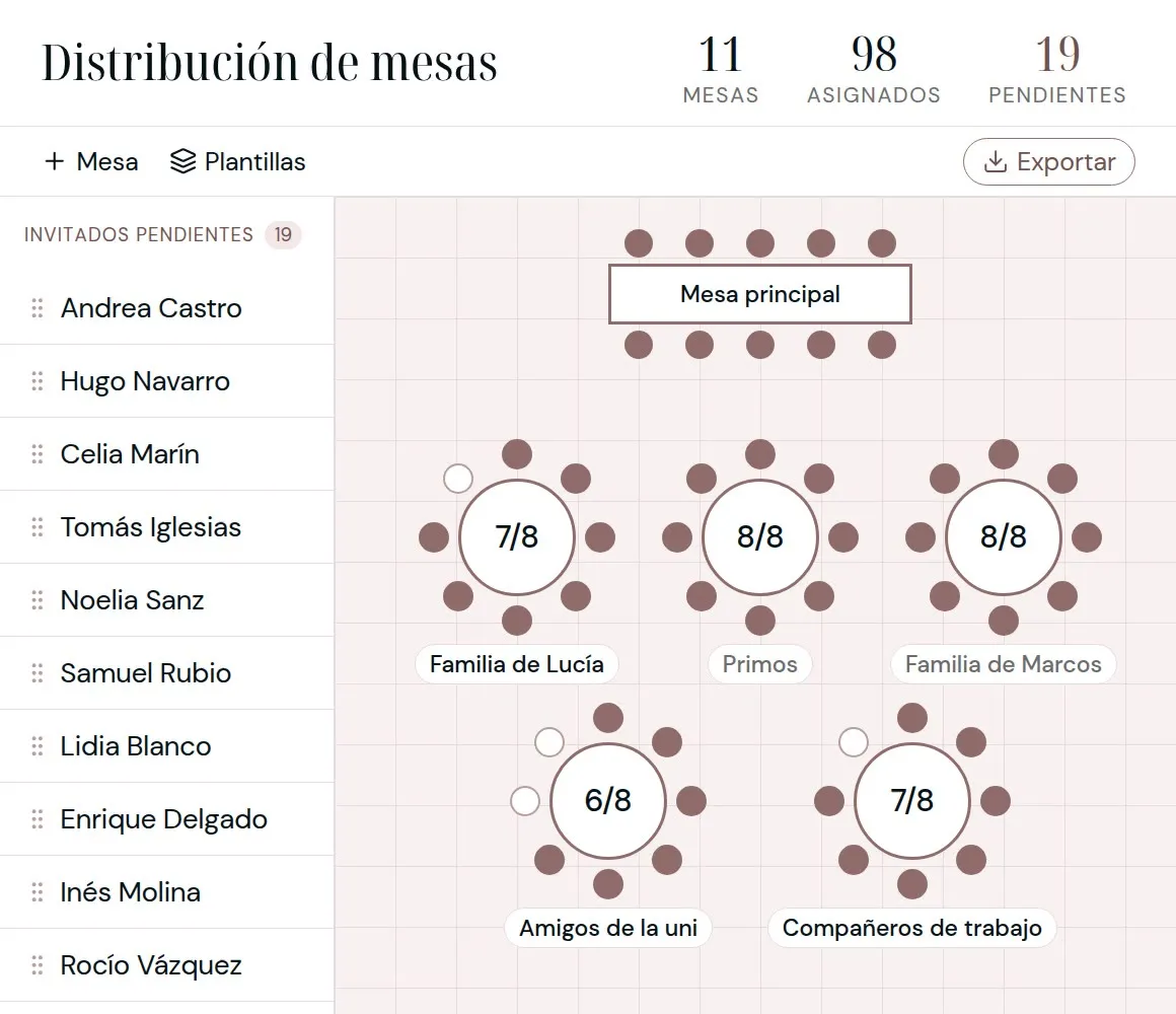 Así se hace: arrastras a cada invitado a su mesa, te avisa si una mesa está llena y descargas el PDF con una tarjeta por mesa.